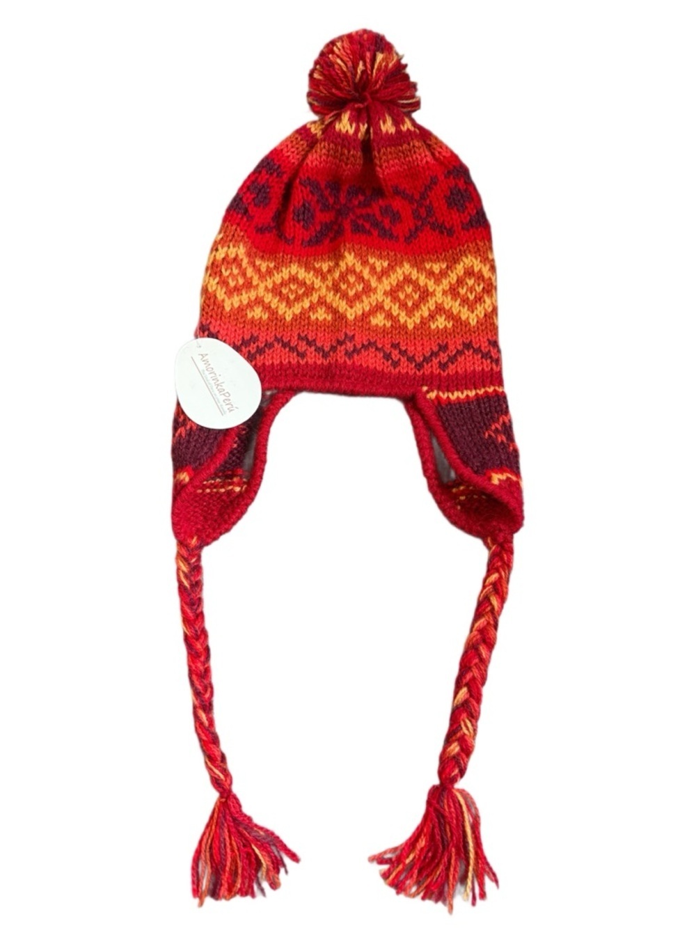 NWT Amorinka Peru Traditional Alpaca Chullo Hat, Red/Purple/Orange